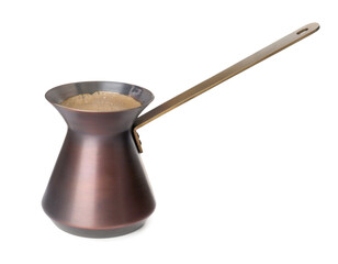 Turkish coffee pot with hot drink isolated on white