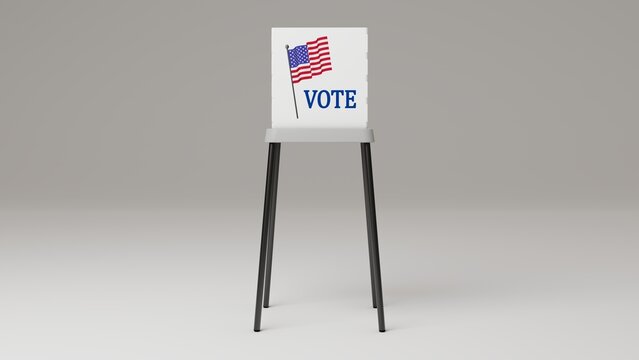 3d rendering of American voting booth with design of United States of America flag and written "vote", on plastic table, USA elections.