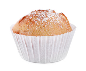 Tasty muffin powdered with sugar isolated on white