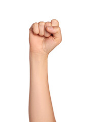 Obraz premium Woman showing fist on white background, closeup of hand