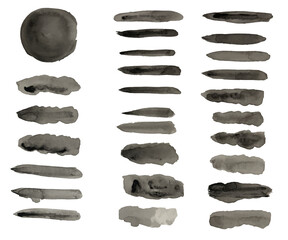 Vector collection of artistic grungy black paint hand made creative brush stroke set isolated on white background.	