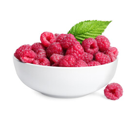 Bowl of fresh ripe raspberries with green leaf isolated on white