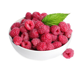 Bowl of fresh ripe raspberries with green leaf isolated on white