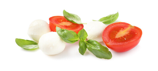 Delicious mozzarella, tomatoes and basil leaves on white background