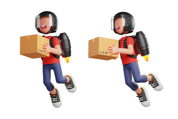 illustration of courier flying with a jetpack while holding a cardboard box. 3d rendering