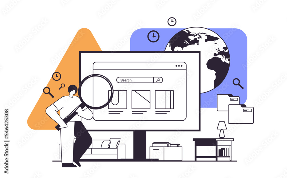Poster businessman using magnifying glass web page data analyzing man examining surface of browser window o