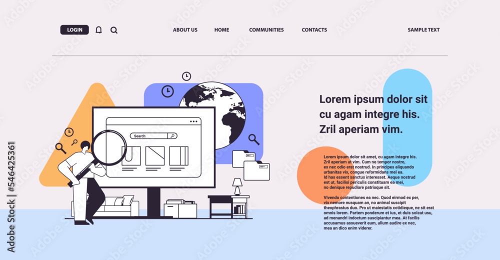 Poster businessman using magnifying glass web page data analyzing man examining surface of browser window o