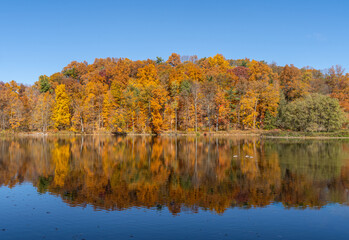 Autumn colors reflect in Beebe Lake on the Cornell University campus in Ithaca, New York