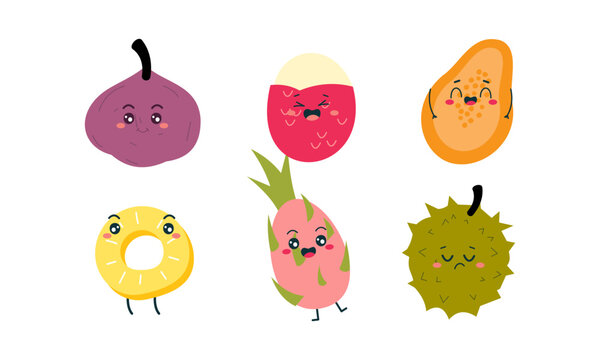 Cute fruits funny characters icon vector 