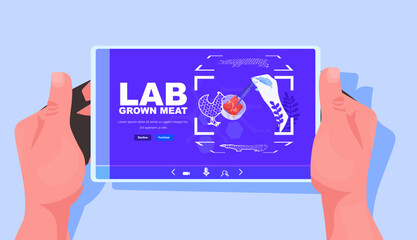 scientist analyzing dna of cultured chicken meat on tablet pc screen artificial lab grown meat production concept