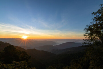 Beautiful sunrise over the mountain range at the east of Thailand.