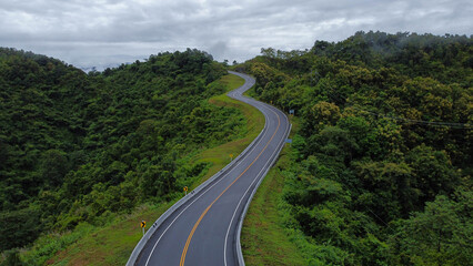 Road no.3 or sky road over top of mountains with green jungle in Nan province, Thailand