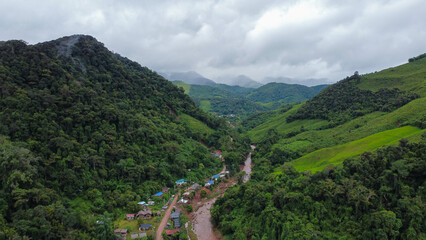 Aerial view beautiful of Ban Sa-pan village, Peaceful little village in Nan province,Thailand.