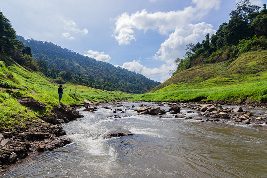 Khao Chong Lom Waterfall in the fresh green mountain. At Khun Dan Prakarnchon Dam, Nakhon Nayok Province, Thailand.
