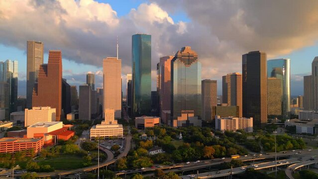 Skyline of Houston Texas at sunset - aerial view