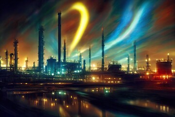 Obraz na płótnie Canvas A colorful lit chemicals factory at night, with colourful neon lights. Pipelines and smokestacks with rising smoke, symbolizing pollution and rising gas prices. 3D illustration and digital painting.