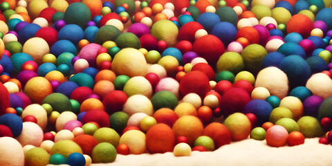 Fototapeta na wymiar 3d render banner of cotton balls of many colors background macro,