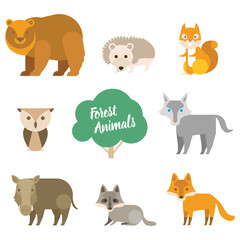 Cute wild animals clipart collection, isolated on white. Hand-drawn vector illustration. Woodland elements set. Scandinavian style flat design. Concept for kids fashion, textile print, poster, card