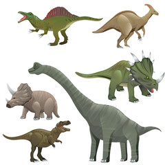 Dinosaurs cartoon character. Brachiosaurus, pterodactyl, tyrannosaurus rex, dinosaur skeleton, triceratops, stegosaurus. Funny animal vector illustration