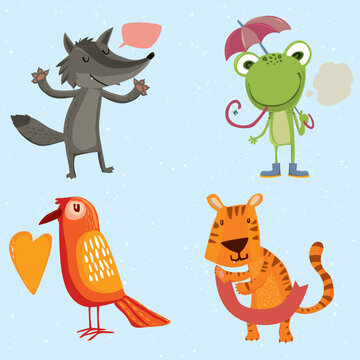 Different animals are set in cartoon style isolated on white background. Vector illustration. Cute animals collection: frog, tiger, wolf, birds