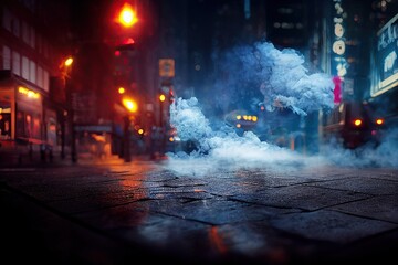 defocused background with a Times Square smoking manhole in city street at night. Shops lights in fog and smoke of New York city of America. Bokeh effect in 3D illustration and urban background. - 546431729