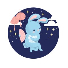A greeting banner or a round-shaped postcard. 2023 is the year of the rabbit according to the Chinese zodiac. Chinese flowers, lanterns, fans, clouds. Stylized illustration of a Hare.