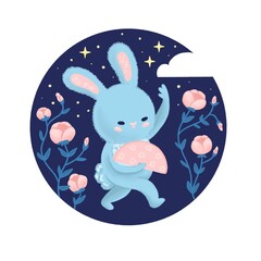 A greeting banner or a round-shaped postcard. 2023 is the year of the rabbit according to the Chinese zodiac. Chinese flowers, lanterns, fans, clouds. Stylized illustration of a Hare.