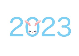 The numbers 2023 are a symbol of the new year. Stylized rabbit muzzle, ears nose