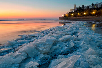 Ice drift on the Amur river. Khabarovsk. Amur river embankment, Amur cliff. Far East, Russia.