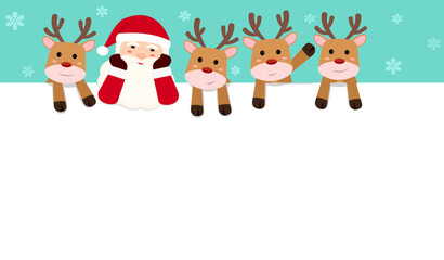 Merry Christmas happy new year banner vector illustration, Santa Claus and reindeers hiding behind white blank snow wall, cute Christmas greeting card with copy space, Winter holiday celebration.