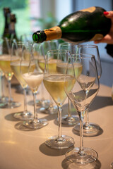 Tasting of brut and reserve champagne sparkling wine produced by traditional method in underground caves in Champagne, France
