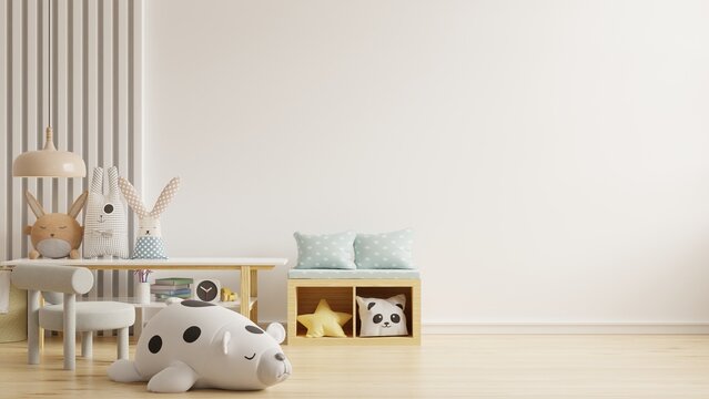 Mockup wall in the children's room with table and decor on wall white background.