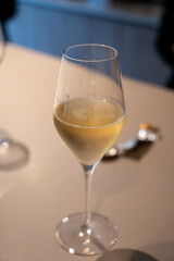 Tasting of brut and reserve champagne sparkling wine produced by traditional method in underground caves in Champagne, France