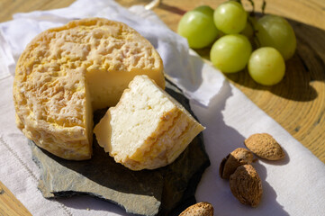 Tasting of local portuguese matured cheese queijo serpa,  Setubal area, Portugal