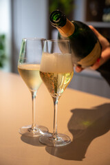 Tasting of brut and reserve champagne sparkling wine produced by traditional method in underground caves in Champagne, France