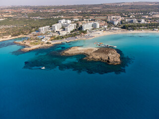 Aerial panoramic view on blue crystal clear water on Mediterranean sea near Nissi beach, Ayia Napa, Cyprus