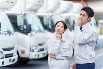 Obraz premium トラックの前で考える作業員