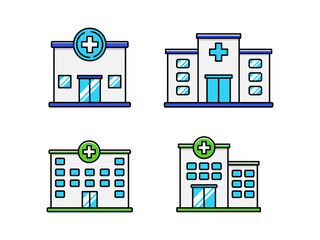 Set of hospital building icons with colorful designs isolated on white background. Hospital buildings vector illustration