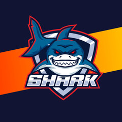 aggressive mad shark mascot character logo design with badge for sport game