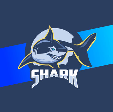 aggressive mad shark mascot character logo design with badge for sport game