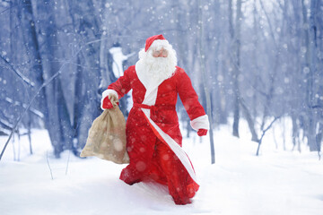 Santa Claus with bag of Christmas gifts is walking through snowy forest. Animator or parent in Santa Claus costume is rushing to a holiday for children. Winter holidays. St. Nicholas Day.