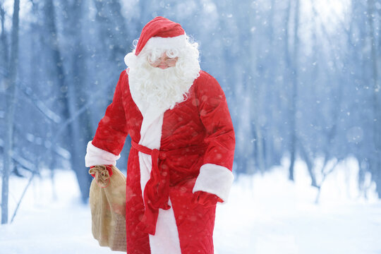 Santa Claus with bag of Christmas gifts is walking through snowy forest. Animator or parent in Santa Claus costume is rushing to a holiday for children. Winter holidays. St. Nicholas Day.