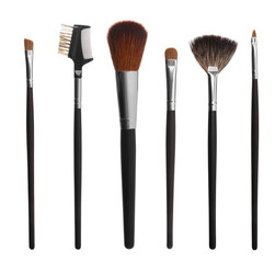 Set with different makeup brushes for applying cosmetic products on white background