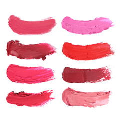 Smears of different beautiful lipsticks on white background, top view