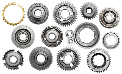 Set with different stainless steel gears on white background, top view. Banner design