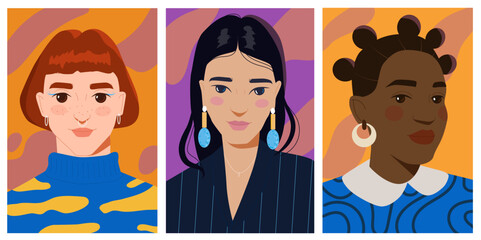 Set of portraits of beautiful girls. Posters with attractive women of different race, nation and age. Diversity. Design elements for avatar. Cartoon flat vector collection isolated on white background
