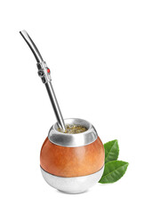 Calabash with mate tea, bombilla and green leaves on white background