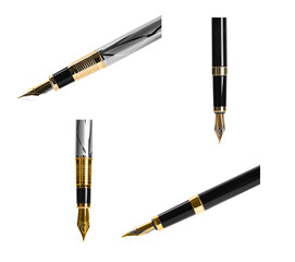 Naklejka premium Set with different beautiful fountain pens on white background