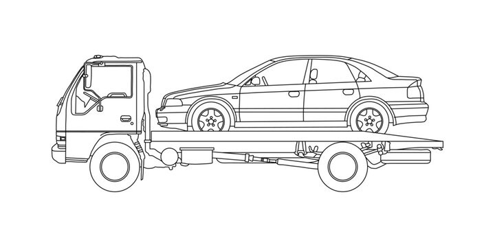 Line drawing tow truck is lifting the broken car to be lifted onto it using the crane. The car was damaged in a traffic accident. Single line draw design vector graphic illustration