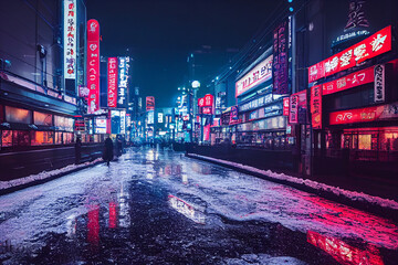 Snowy tokyo street at night with neon signs and blue neon lights at winter  snow background.